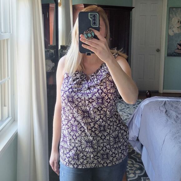 Tommy Hilfiger Sleeveless Blouse XS, Purple and Tan, Ruffle Neck, Damask Print - Picture 1 of 6